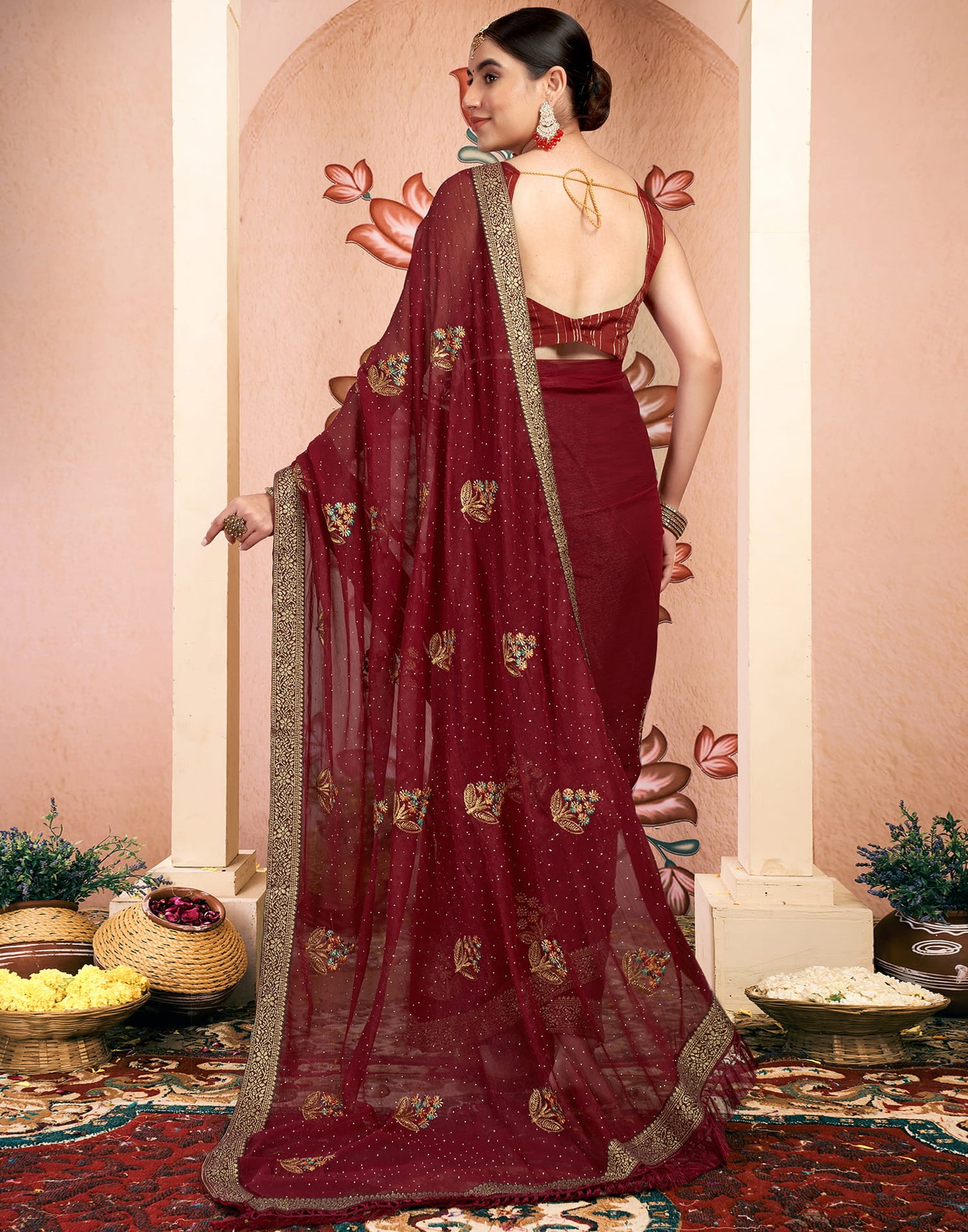 Maroon Georgette Embroidery Swarovski Saree