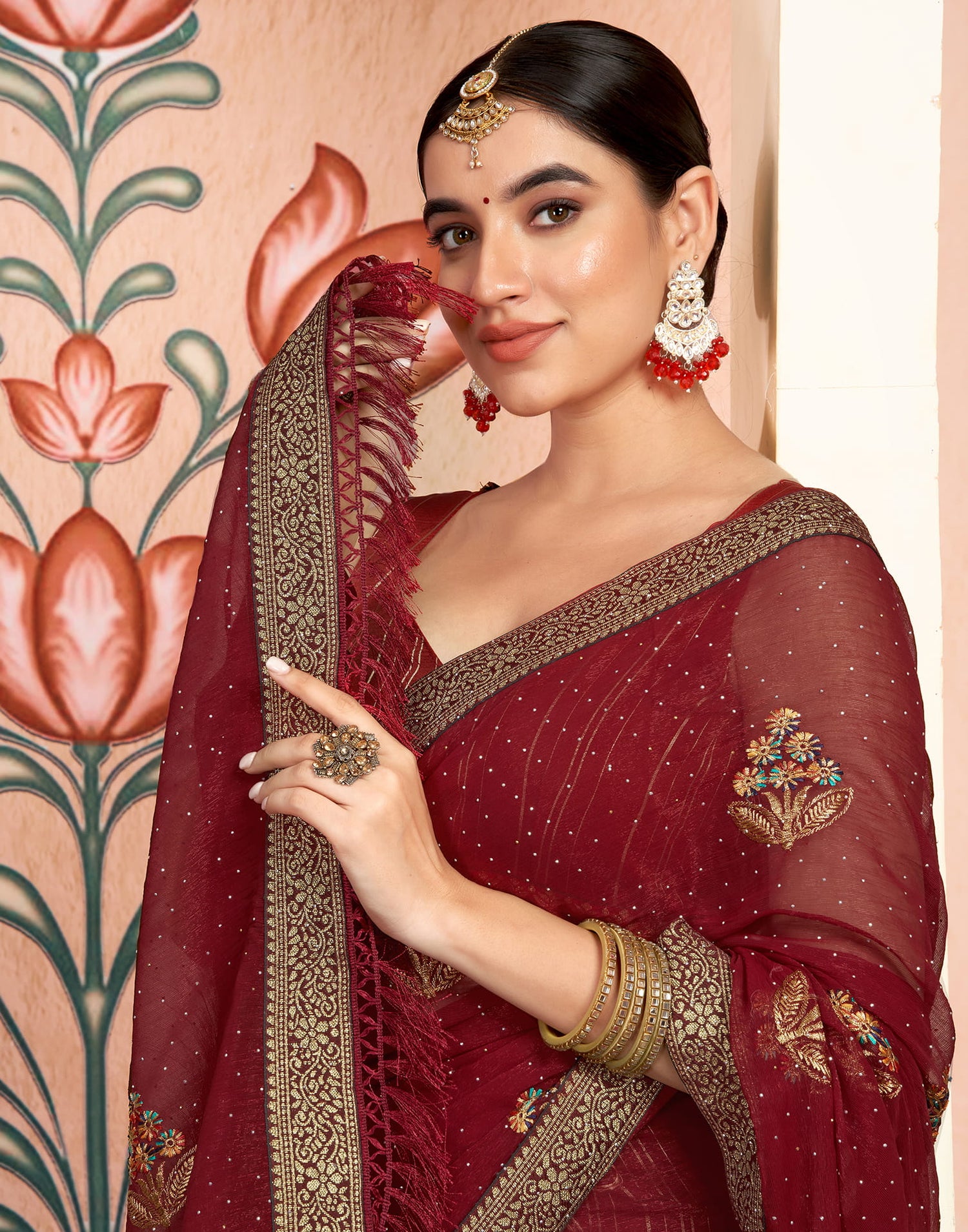 Maroon Georgette Embroidery Swarovski Saree