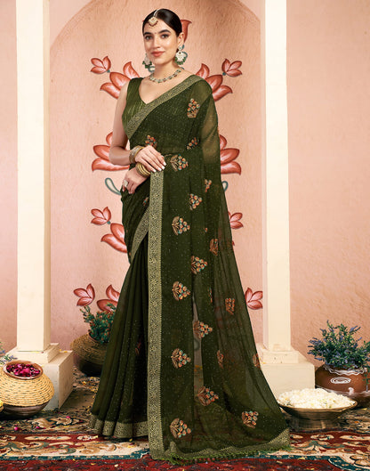 Olive Green Georgette Embroidery Swarovski Saree