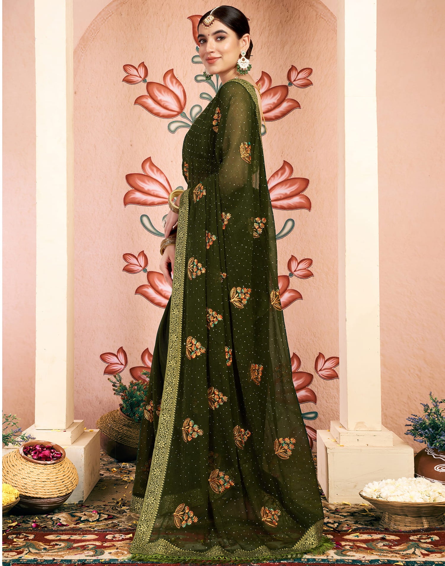 Olive Green Georgette Embroidery Swarovski Saree