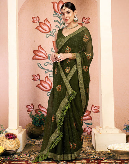 Olive Green Georgette Embroidery Swarovski Saree