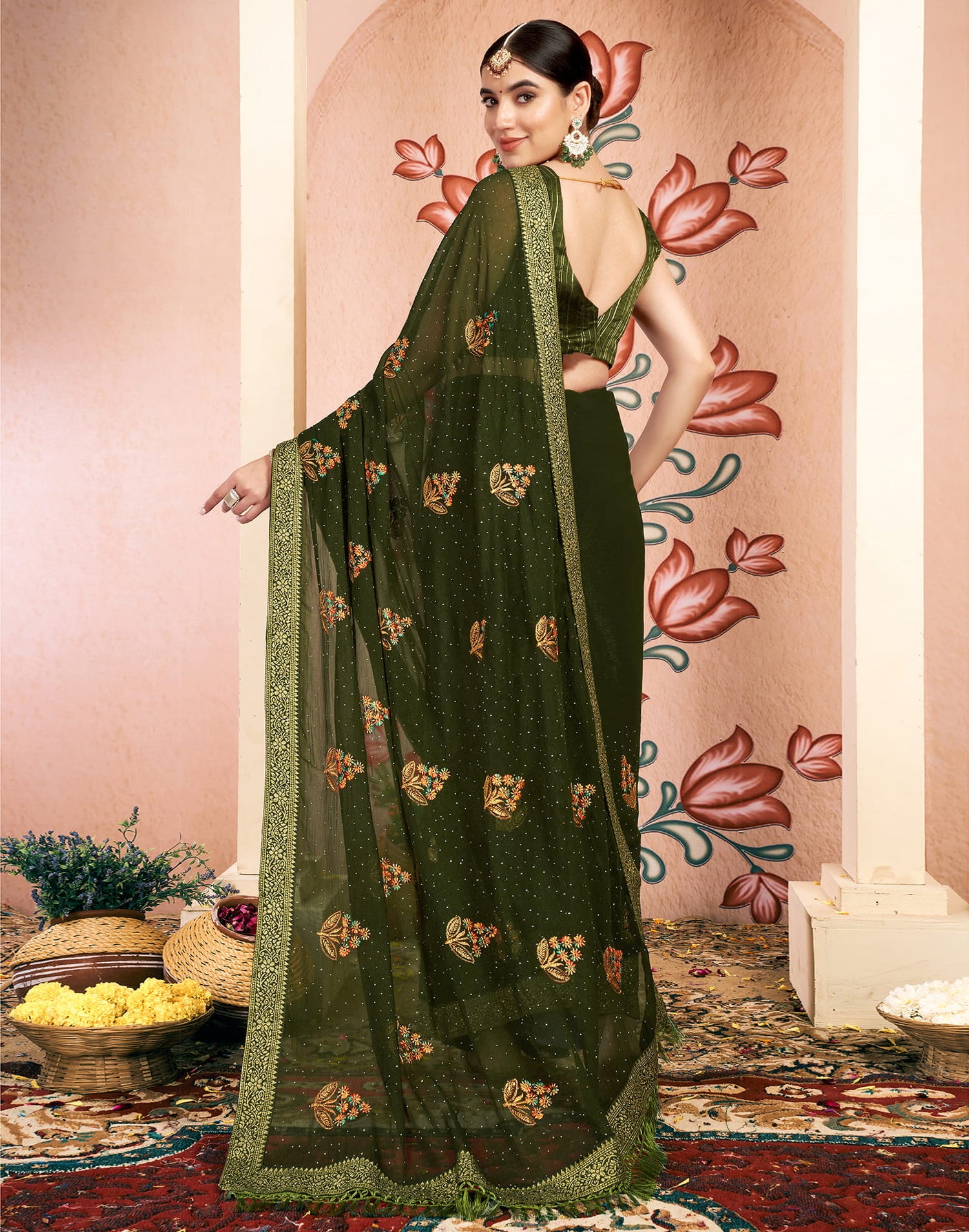 Olive Green Georgette Embroidery Swarovski Saree