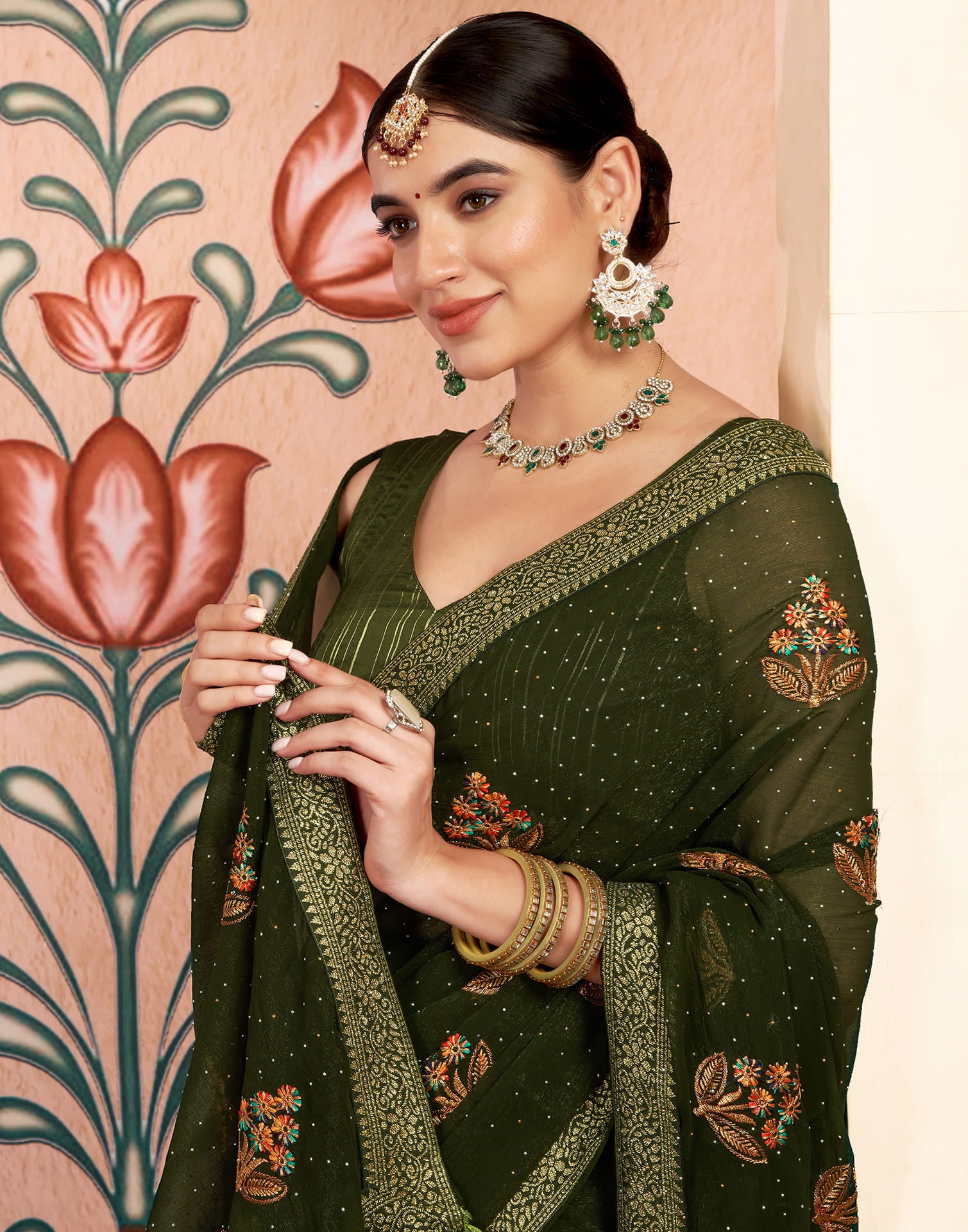 Olive Green Georgette Embroidery Swarovski Saree