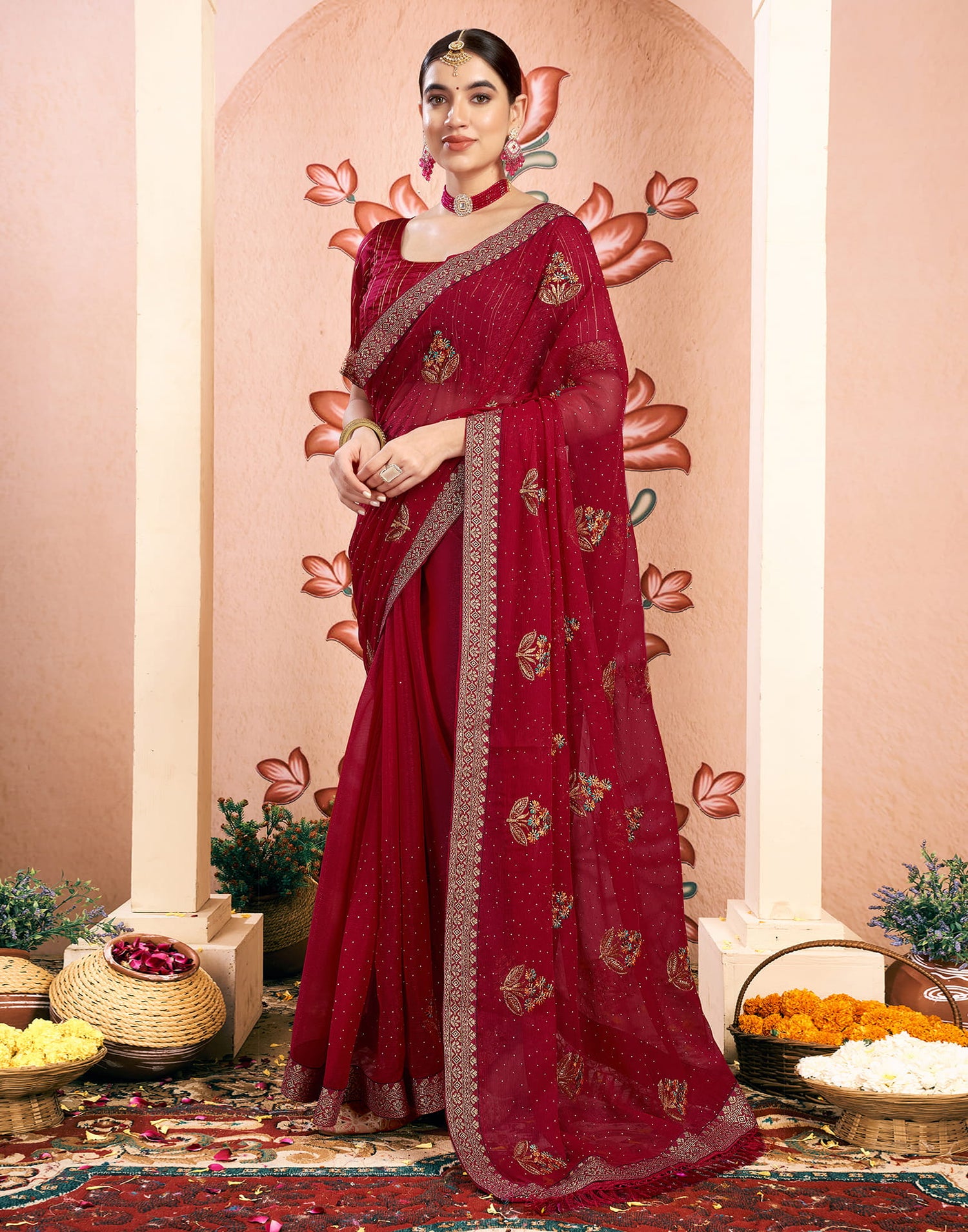 Rani Pink Georgette Embroidery Swarovski Saree