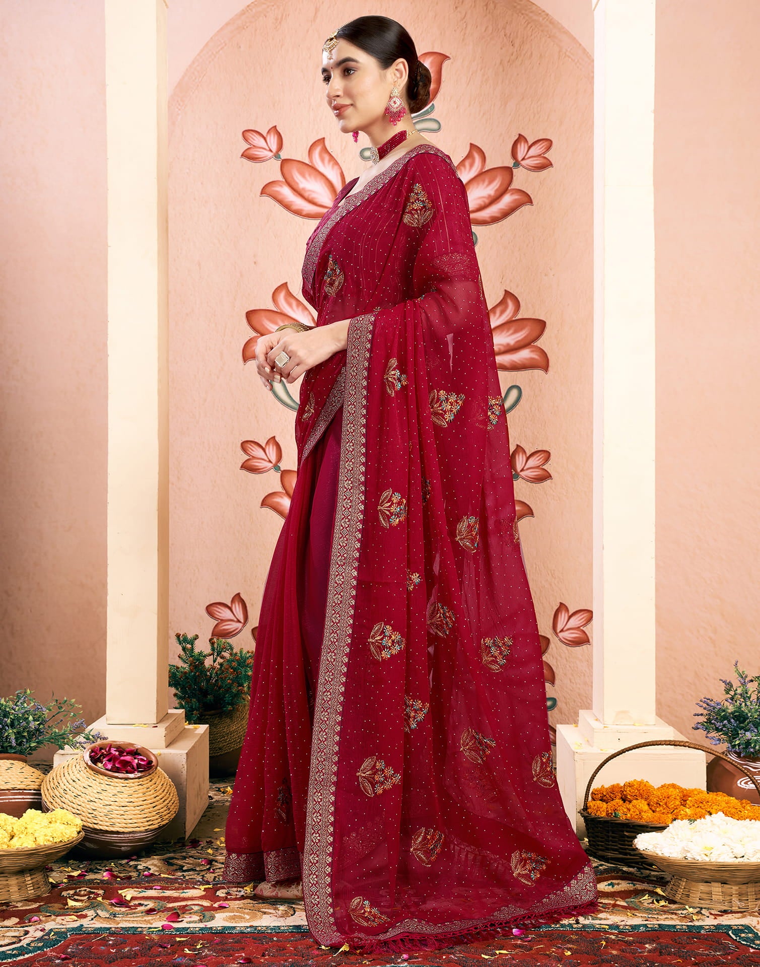 Red Georgette Embroidery Embellished Saree