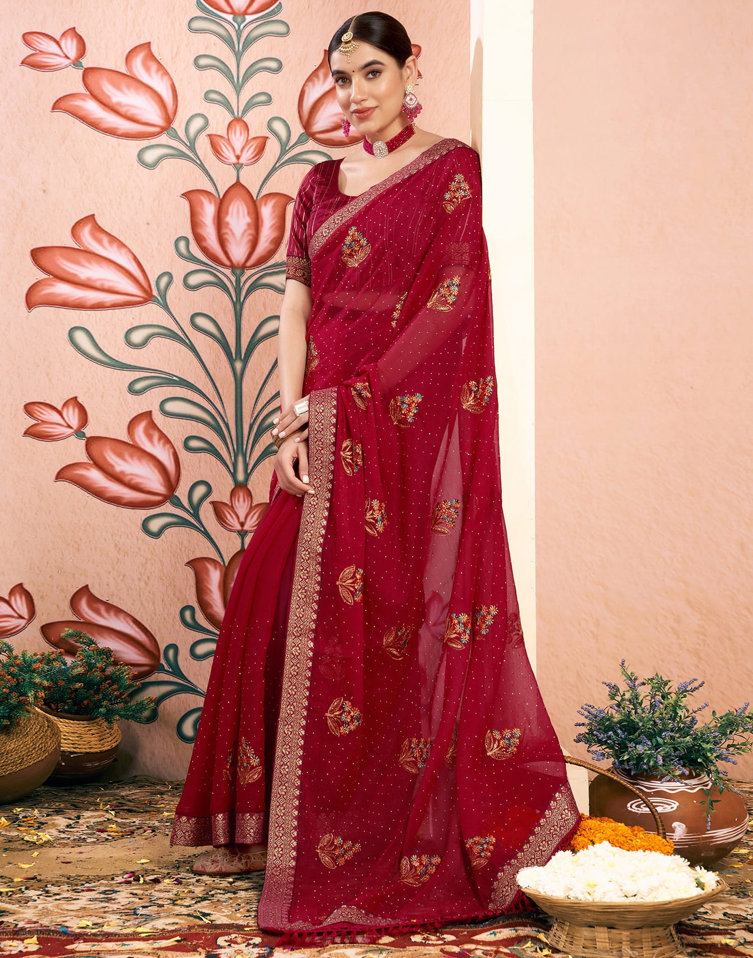 Rani Pink Georgette Embroidery Swarovski Saree