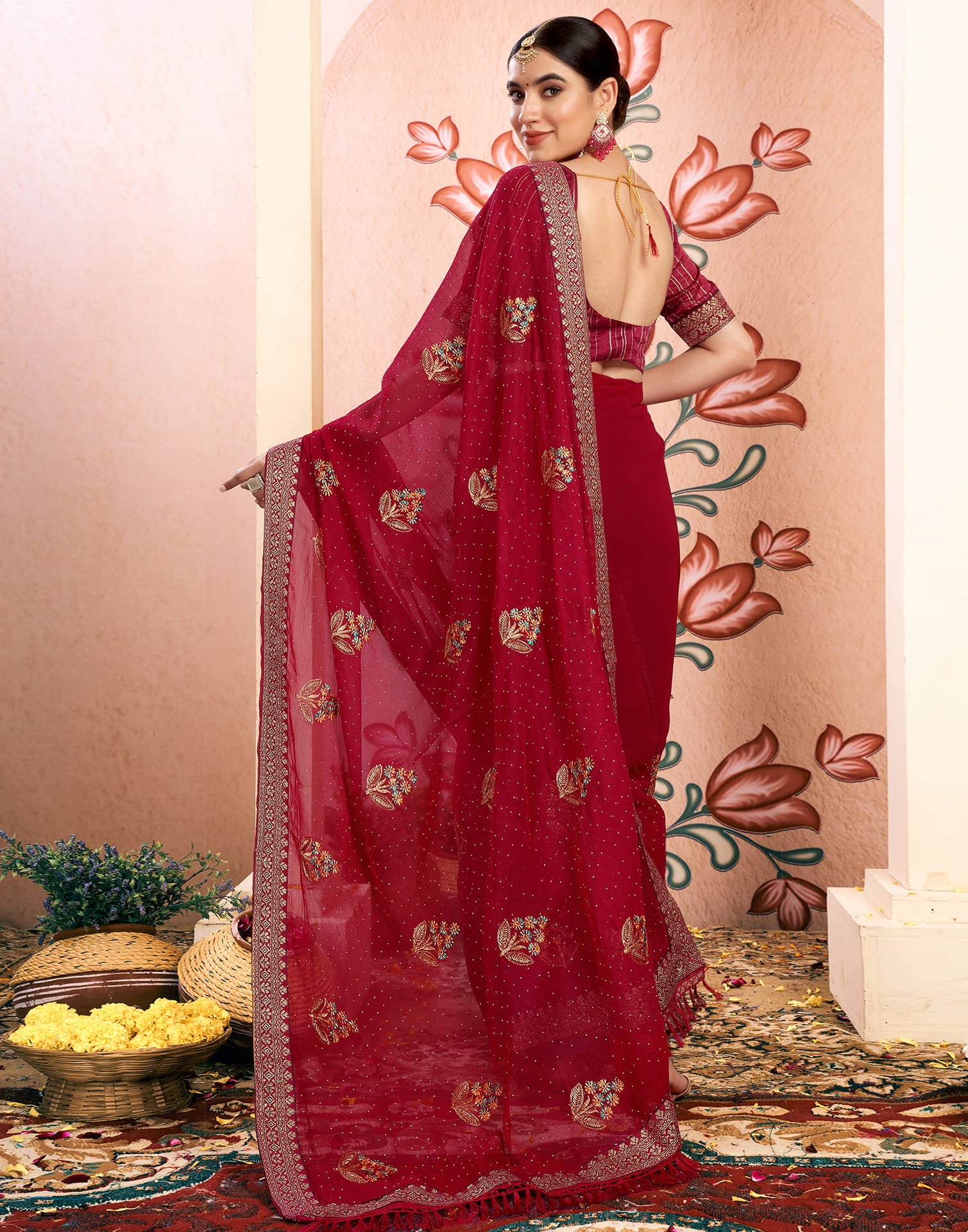 Rani Pink Georgette Embroidery Swarovski Saree