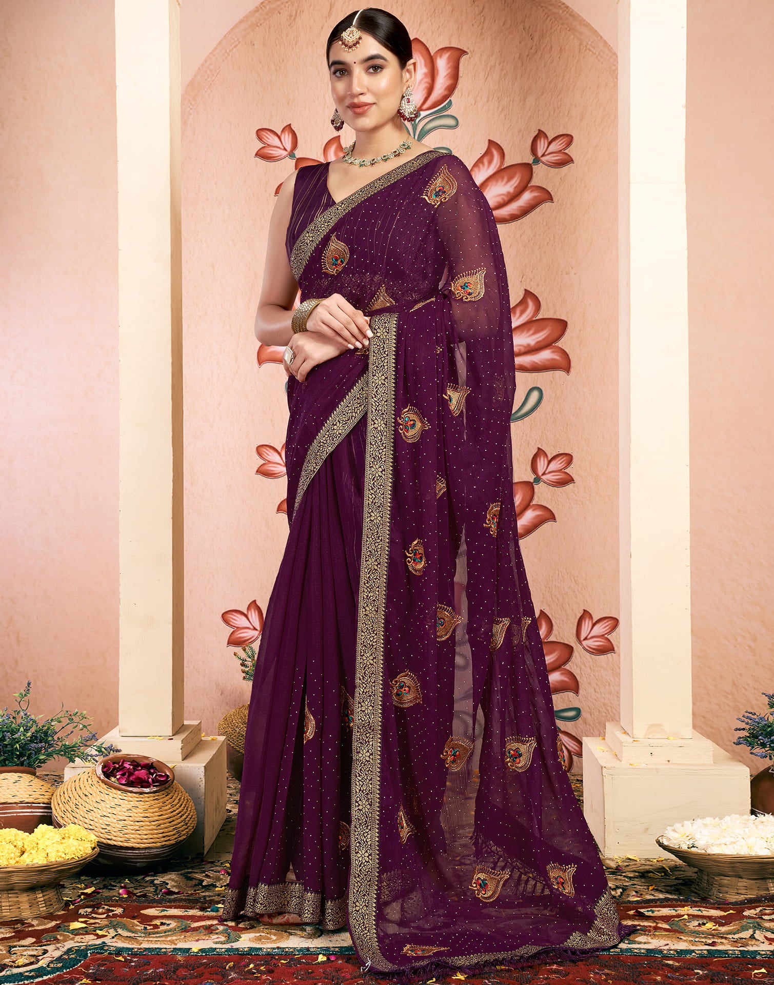 Wine Georgette Embroidery Embellished Saree