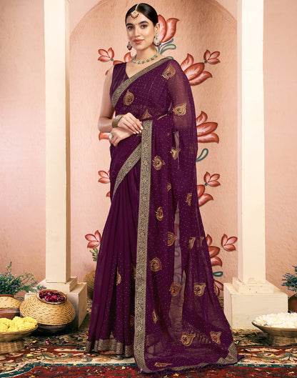 Dark Purple Georgette Embroidery Swarovski Saree