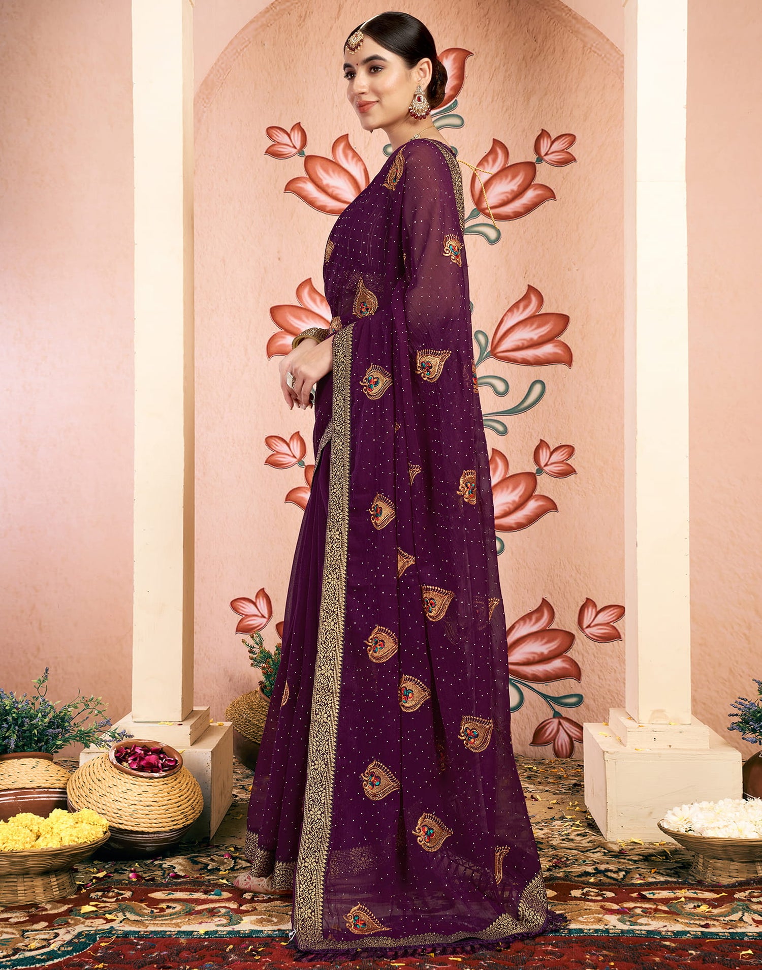 Dark Purple Georgette Embroidery Swarovski Saree