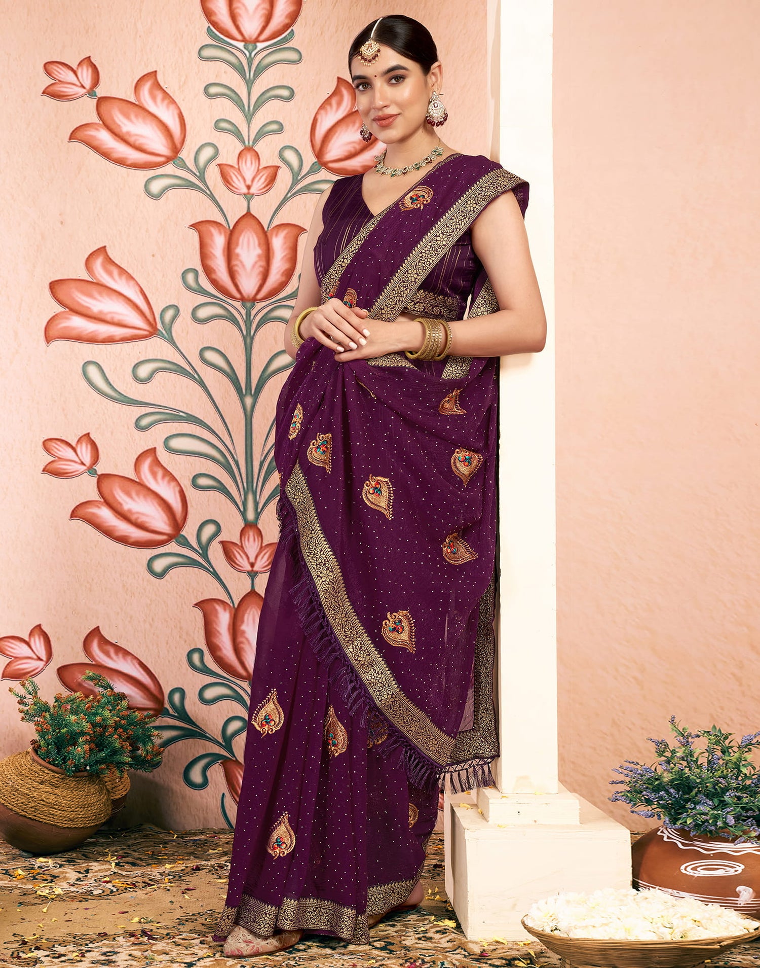 Wine Georgette Embroidery Embellished Saree