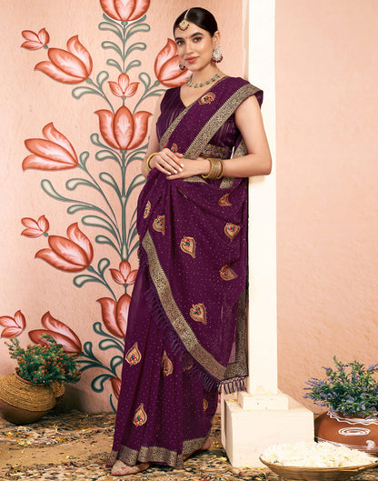 Dark Purple Georgette Embroidery Swarovski Saree