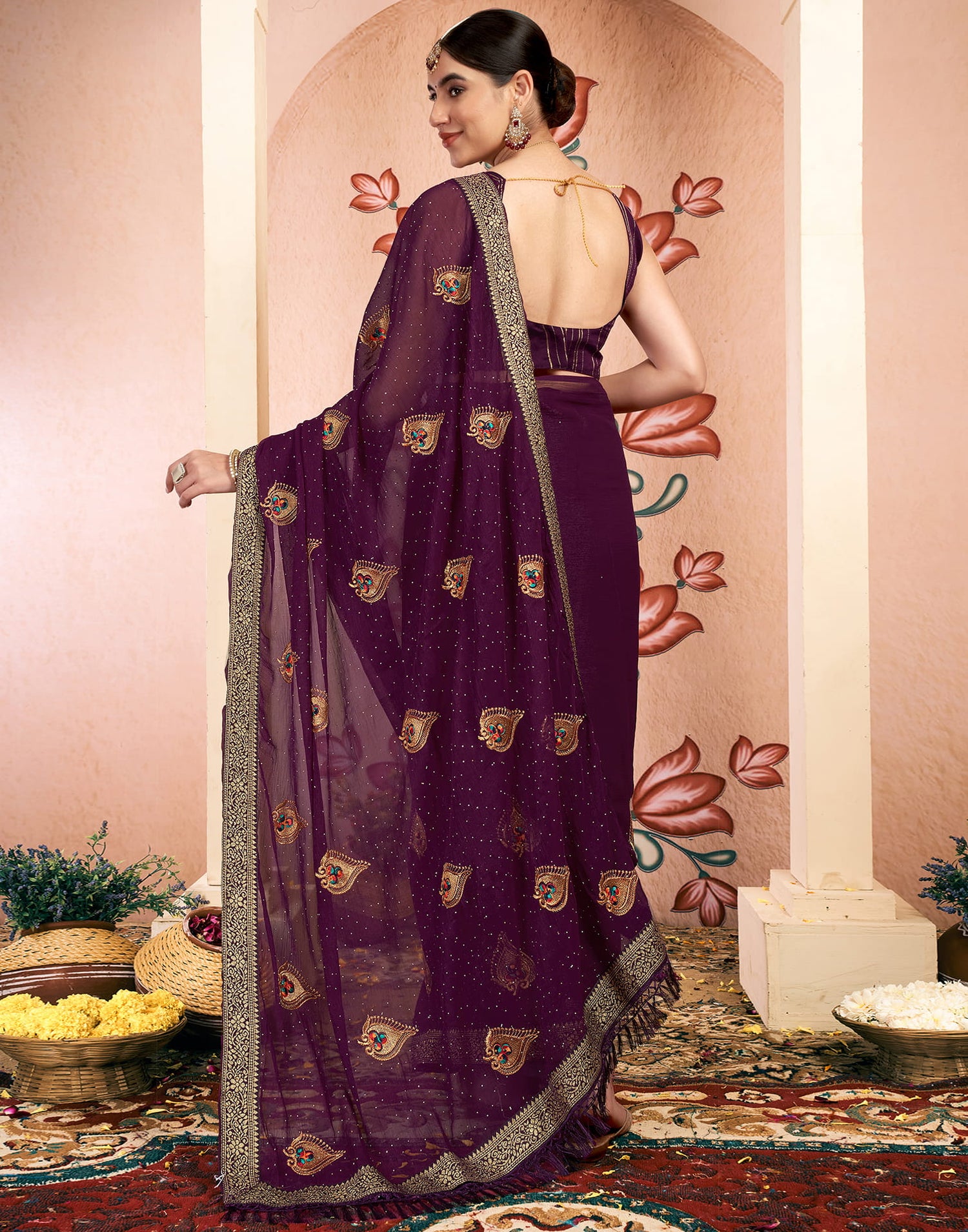 Wine Georgette Embroidery Embellished Saree