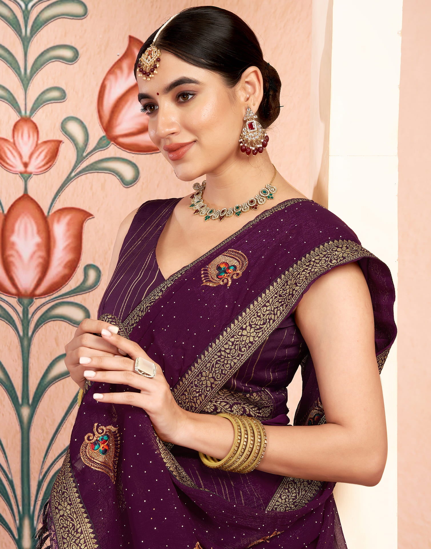 Dark Purple Georgette Embroidery Swarovski Saree