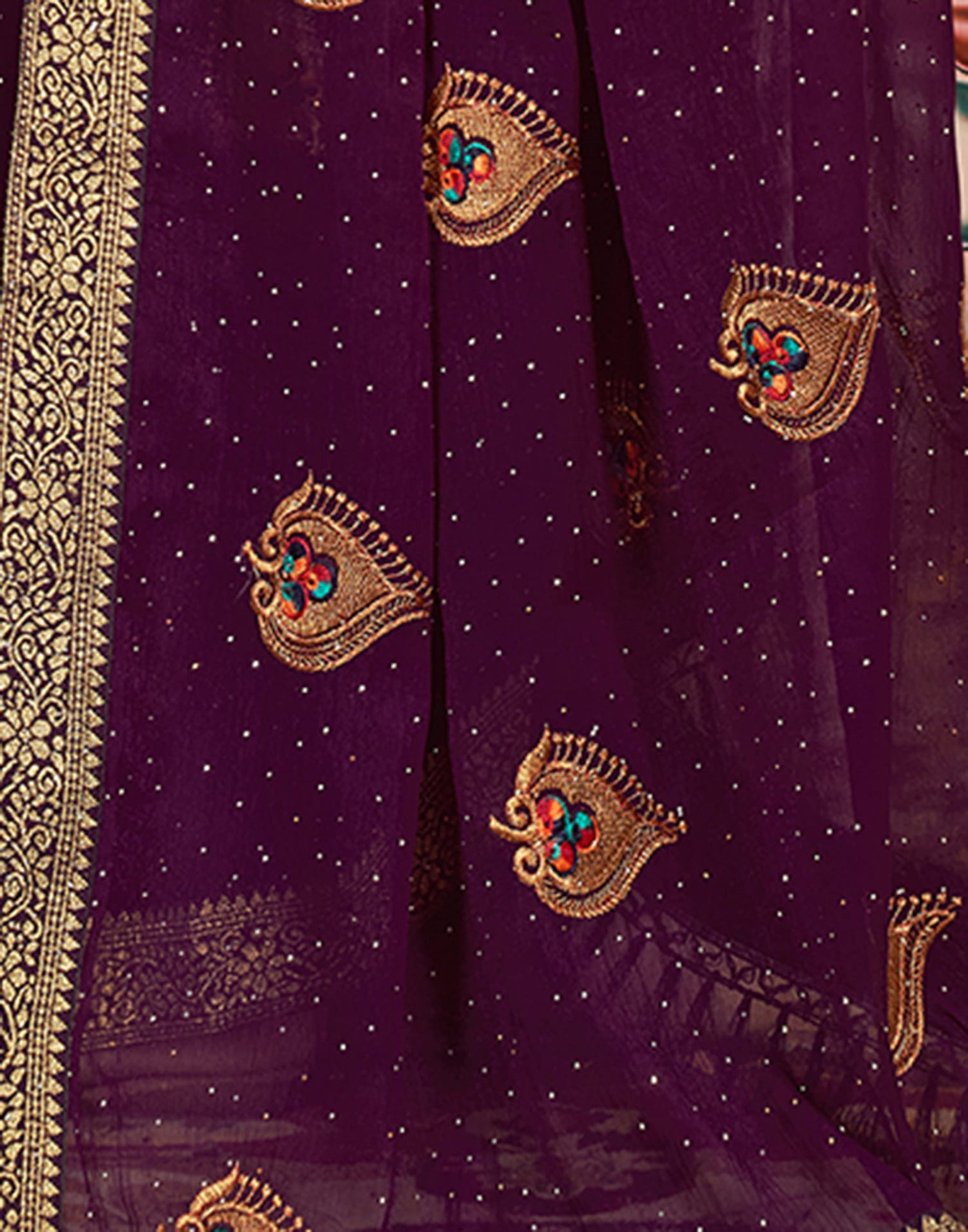 Dark Purple Georgette Embroidery Swarovski Saree