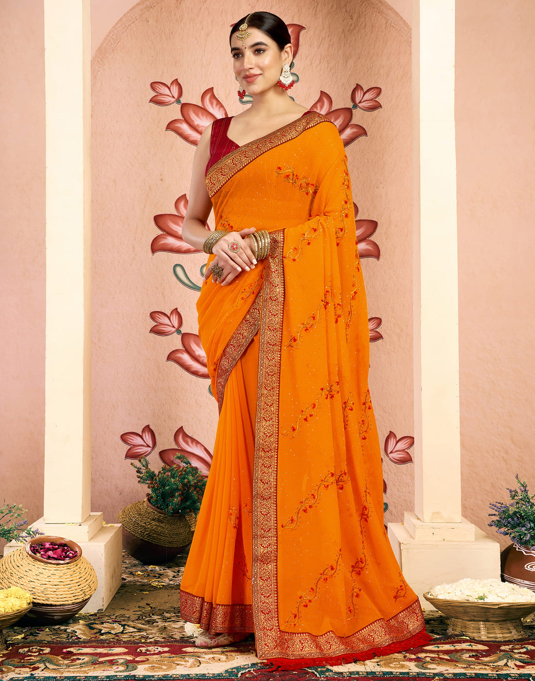 Yellow Georgette Embroidery Embellished Saree