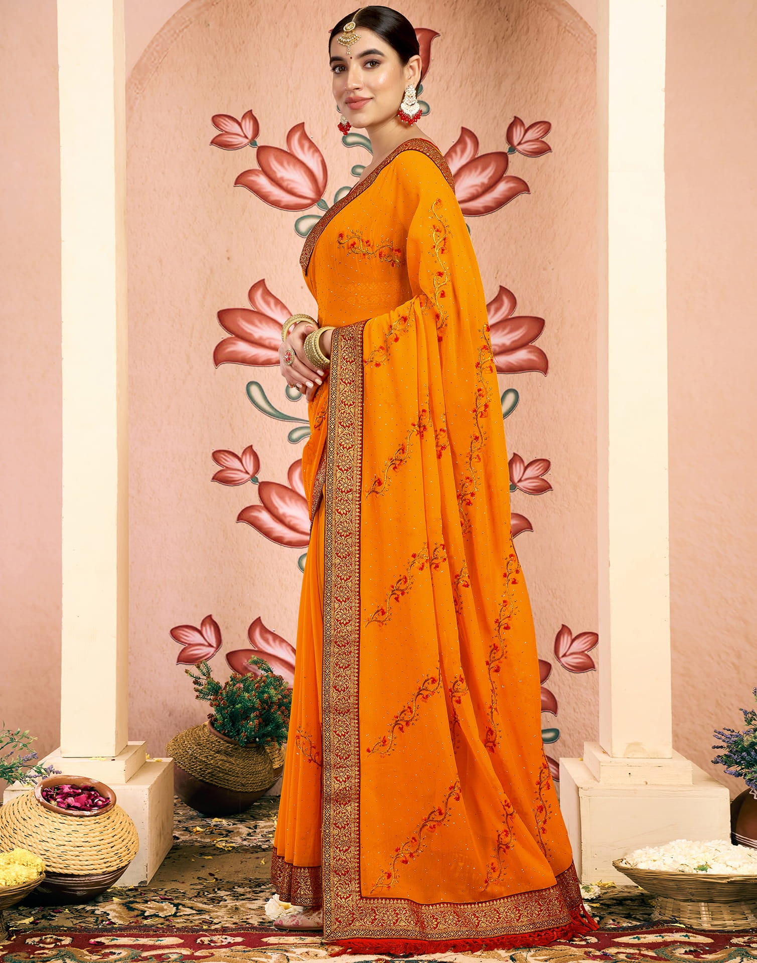 Yellow Georgette Embroidery Swarovski Saree