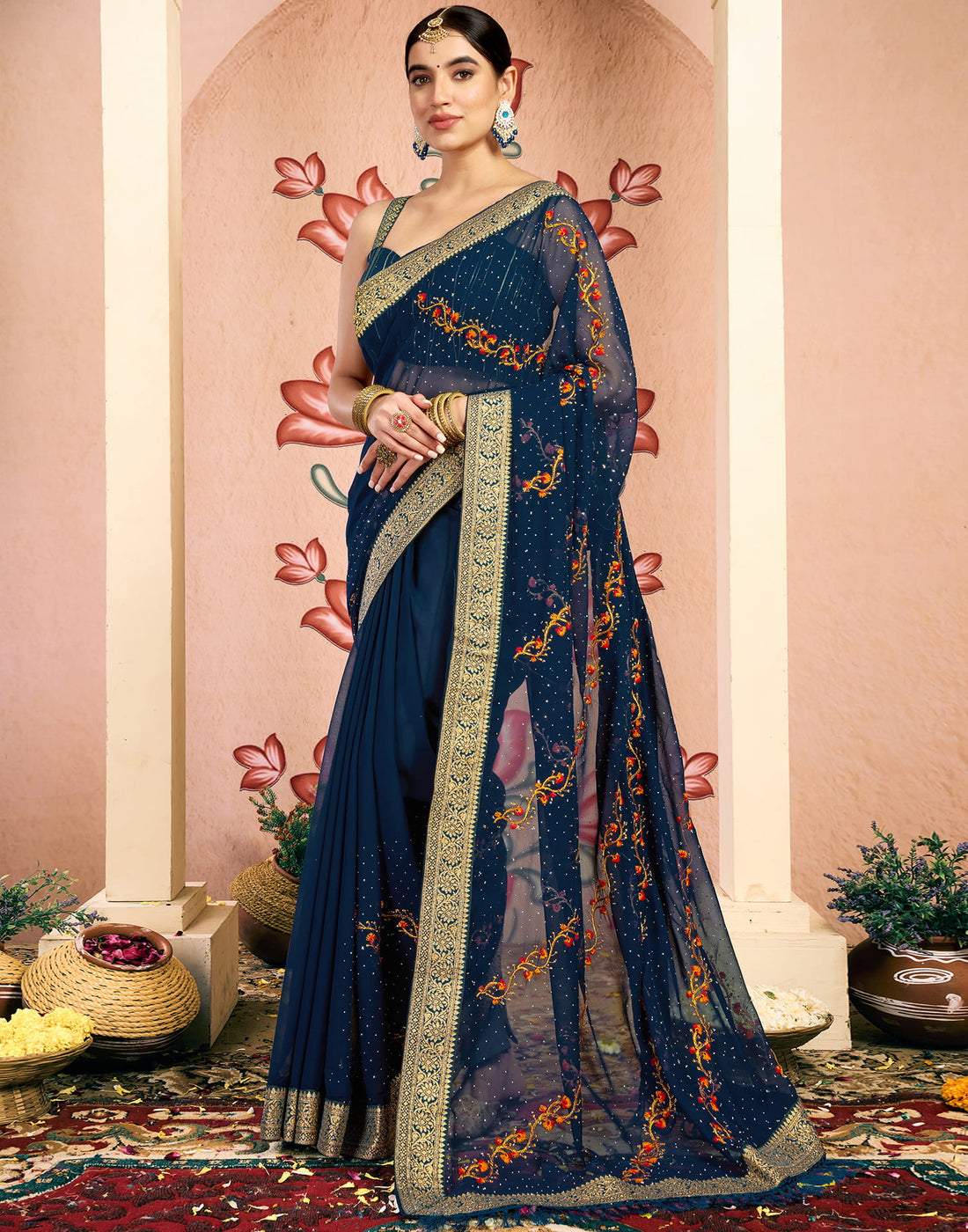 Rama Blue Georgette Embroidery Embellished Saree