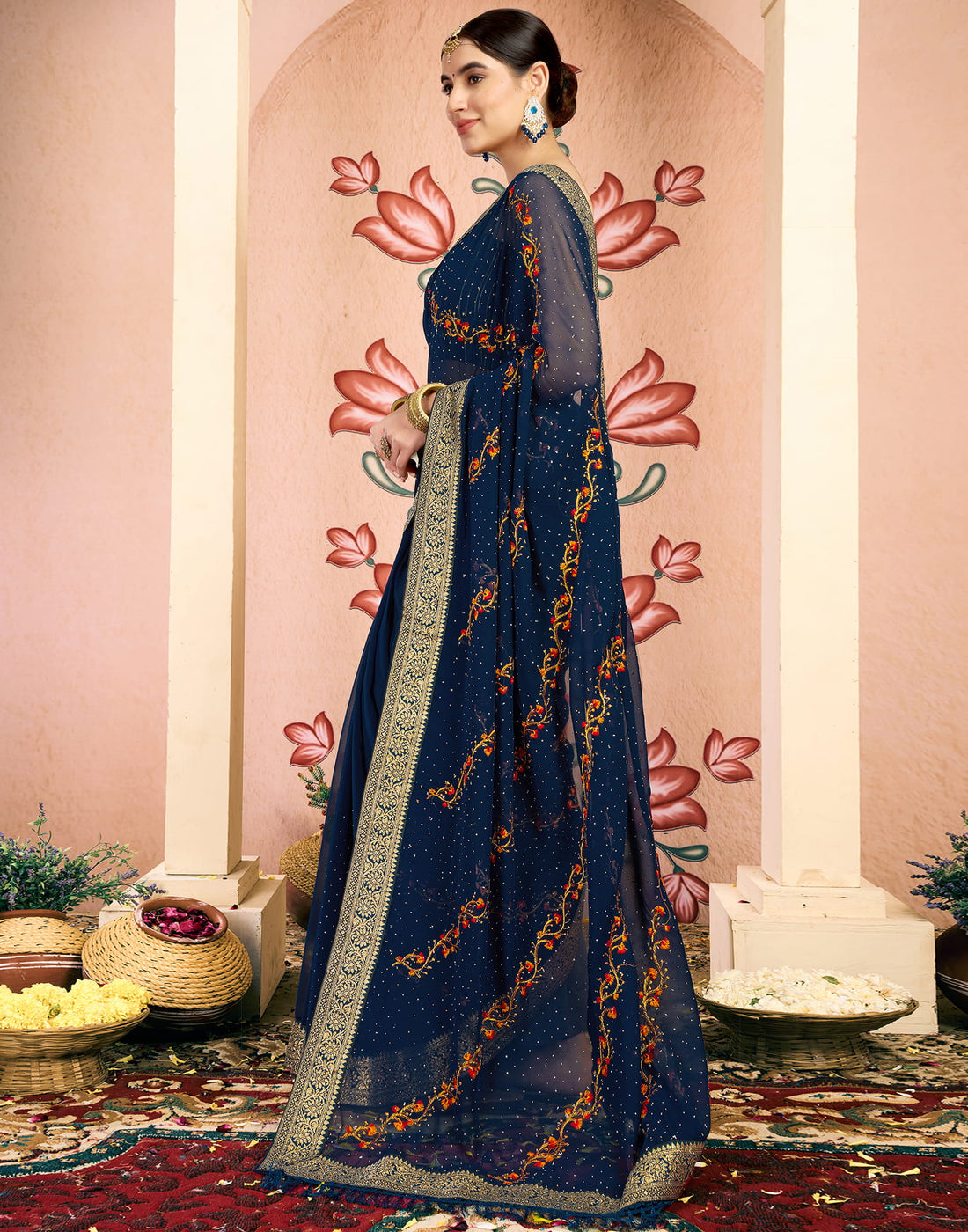 Rama Blue Georgette Embroidery Embellished Saree