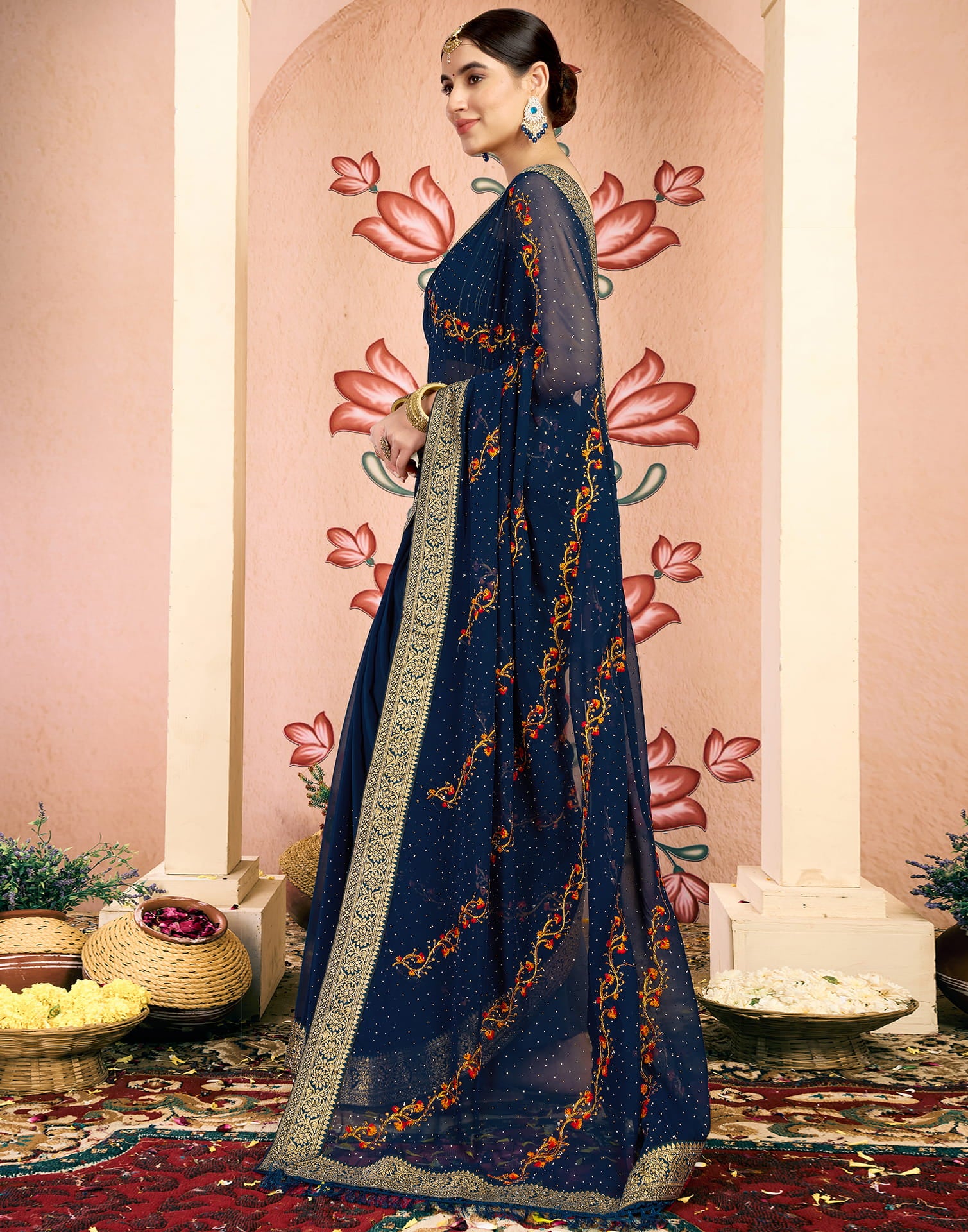 Rama Blue Georgette Embroidery Swarovski Saree