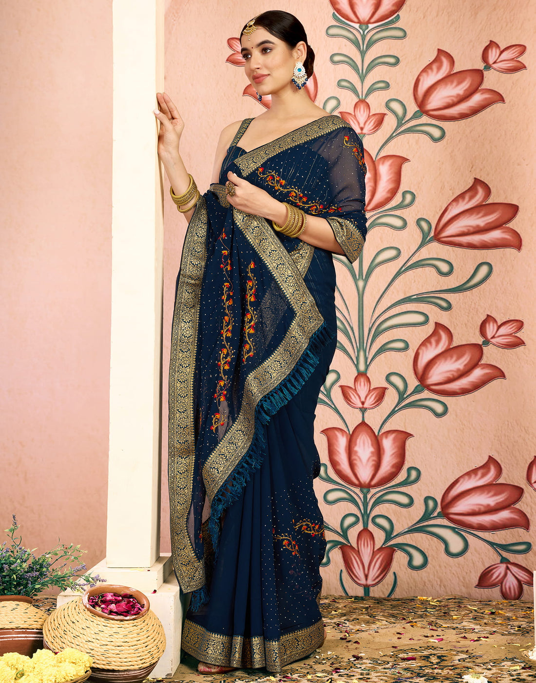 Rama Blue Georgette Embroidery Embellished Saree