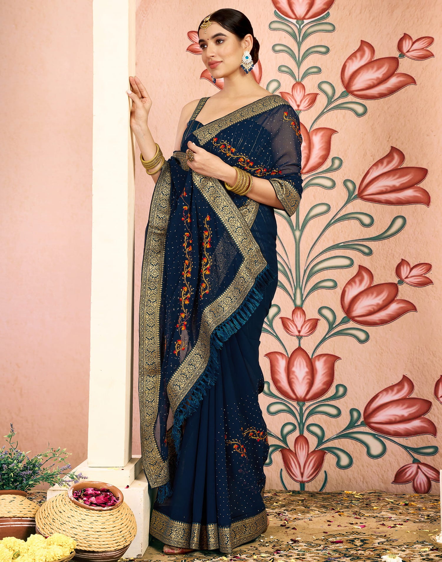 Rama Blue Georgette Embroidery Swarovski Saree