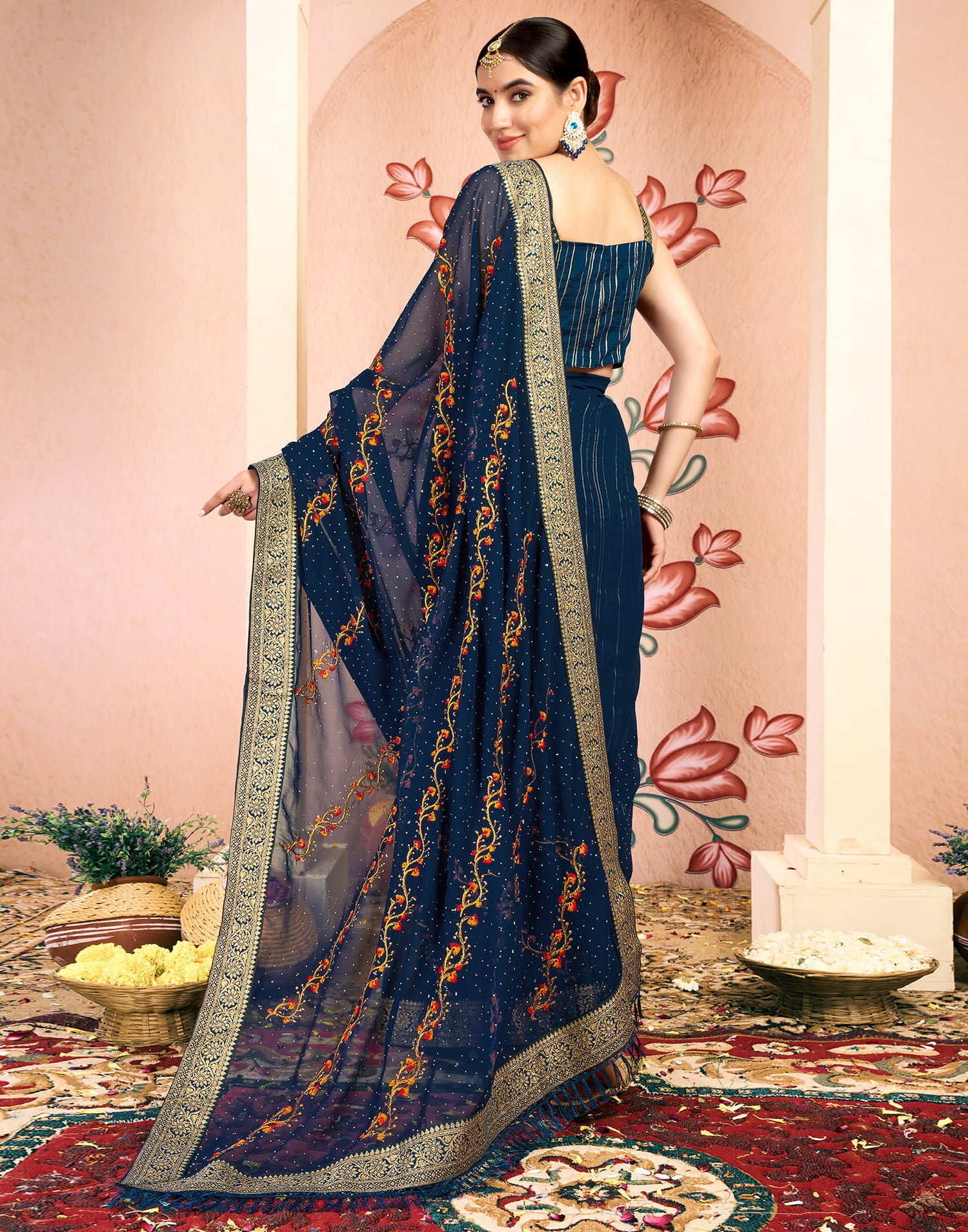 Rama Blue Georgette Embroidery Swarovski Saree