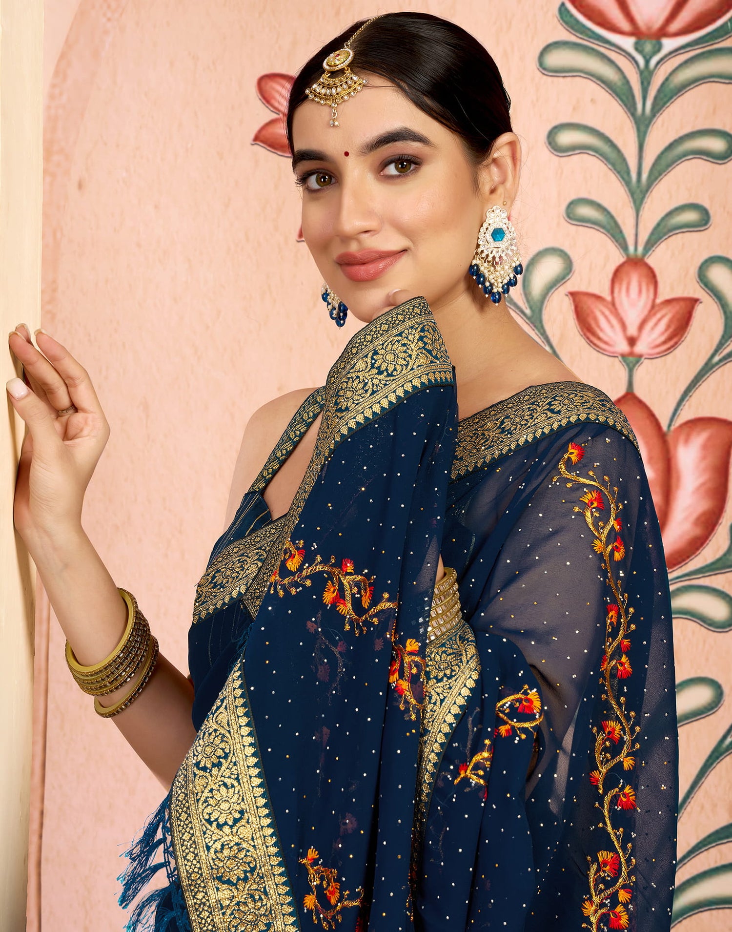 Rama Blue Georgette Embroidery Swarovski Saree