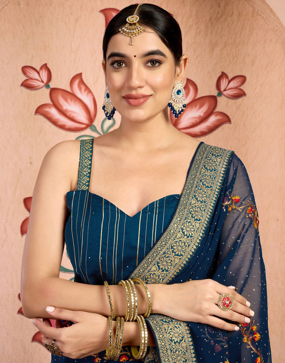 Rama Blue Georgette Embroidery Embellished Saree