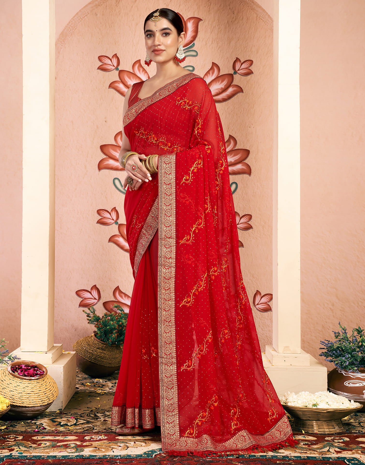 Red Georgette Embroidery Swarovski Saree