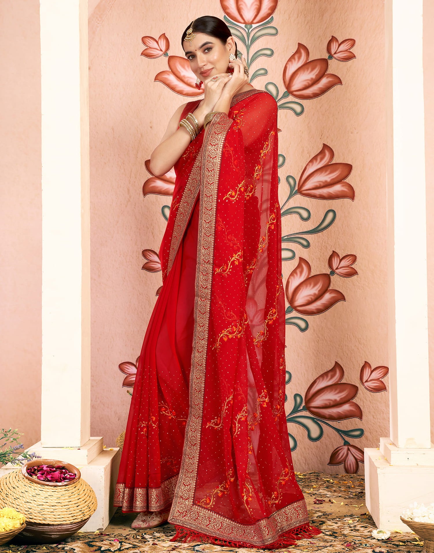 Red Georgette Embroidery Swarovski Saree