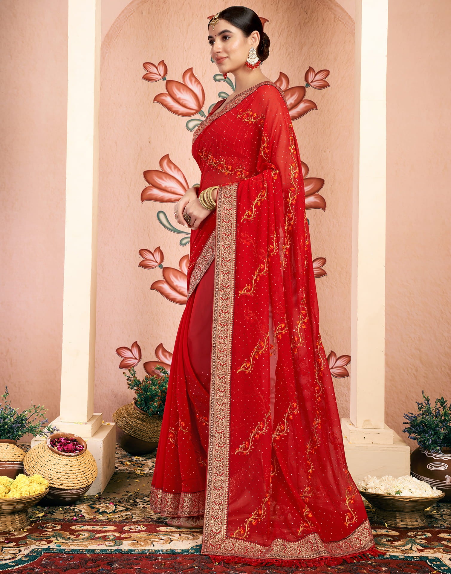 Red Georgette Embroidery Swarovski Saree