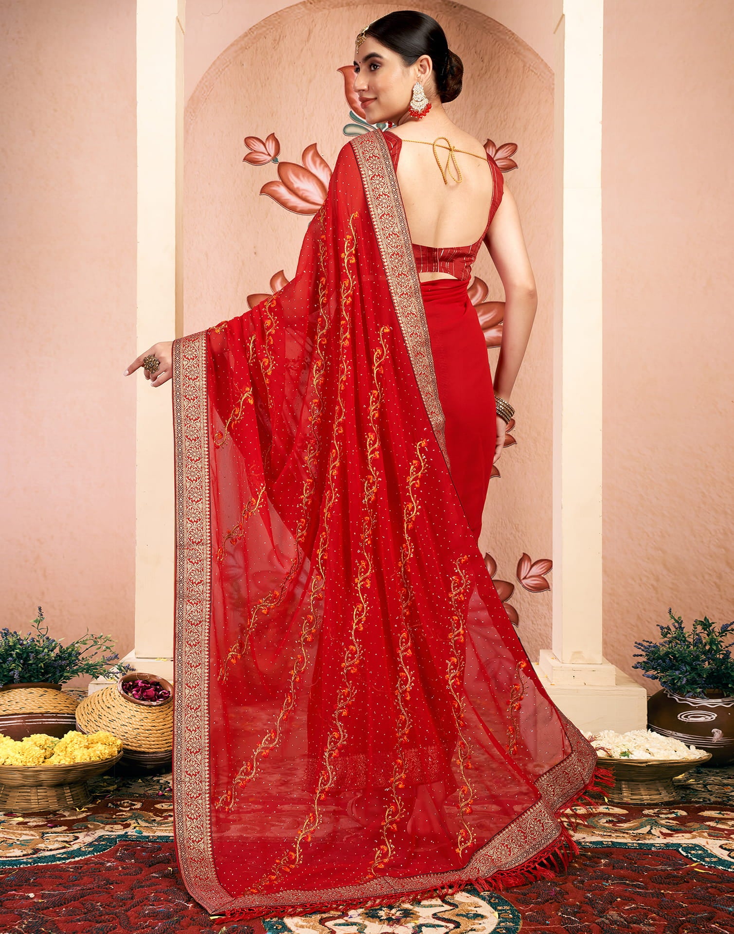 Red Georgette Embroidery Swarovski Saree