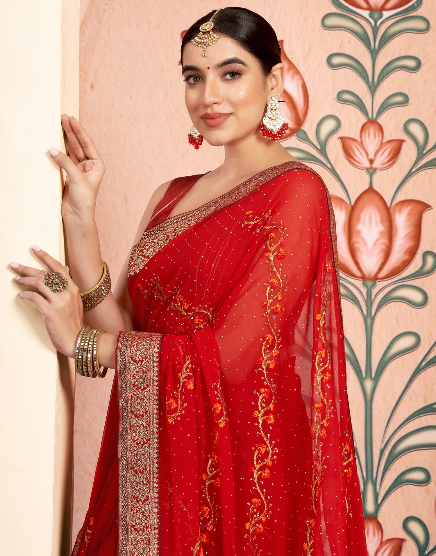 Red Georgette Embroidery Swarovski Saree