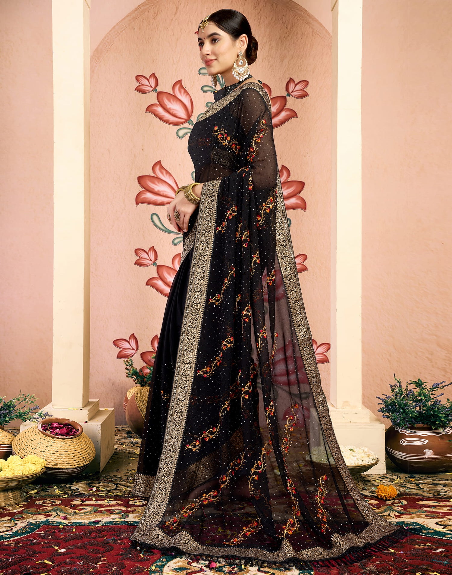 Black Georgette Embroidery Embellished Saree