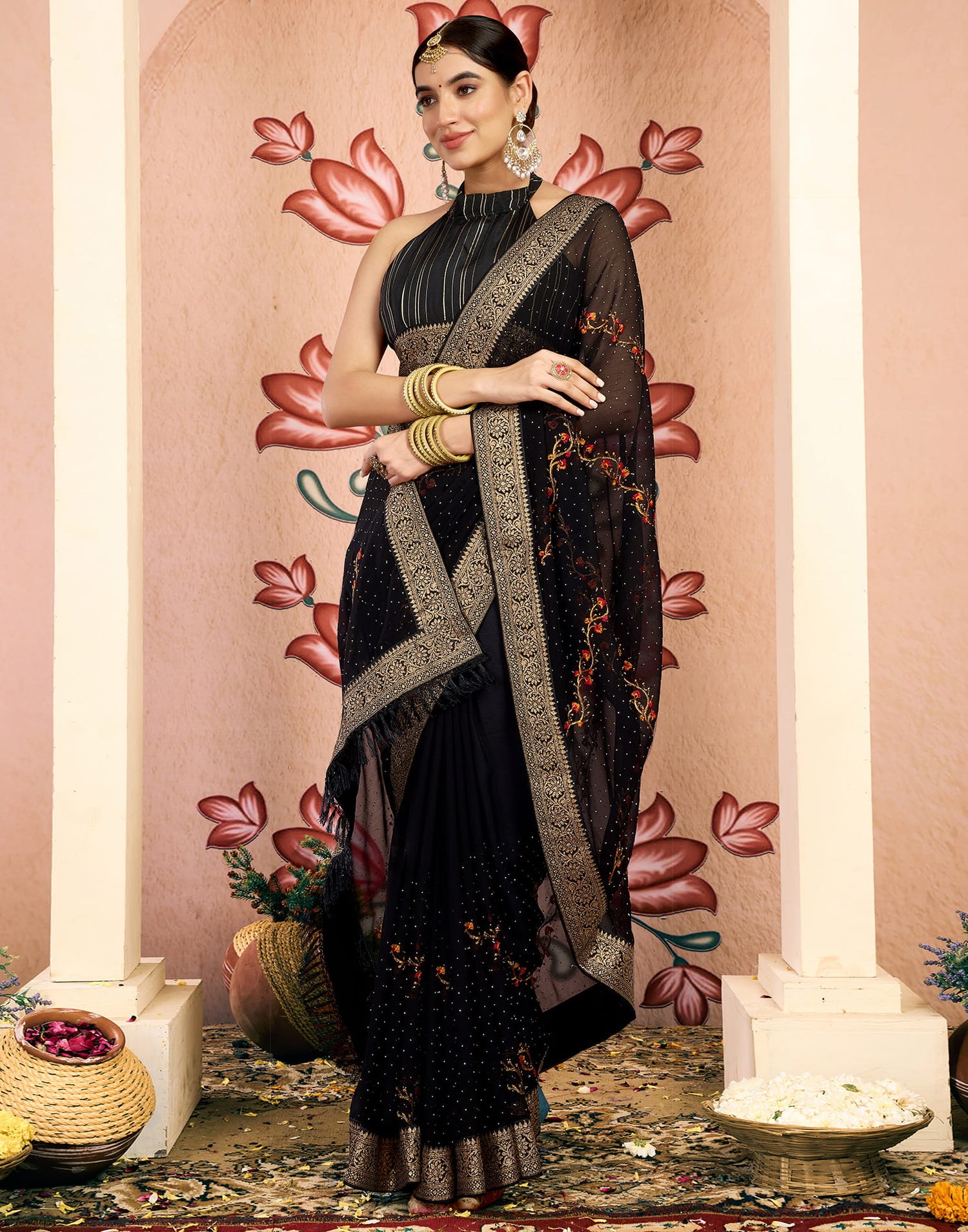 Black Georgette Embroidery Embellished Saree