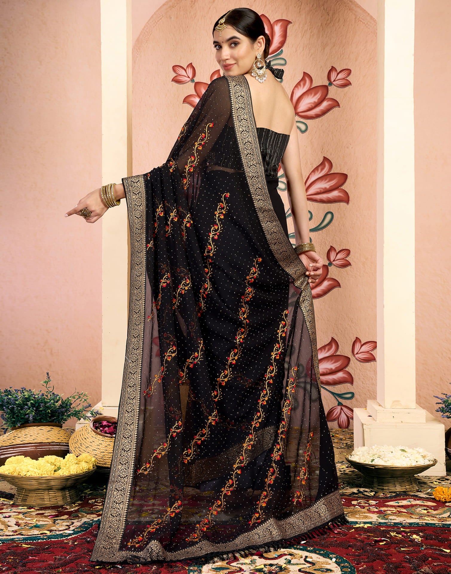 Black Georgette Embroidery Swarovski Saree