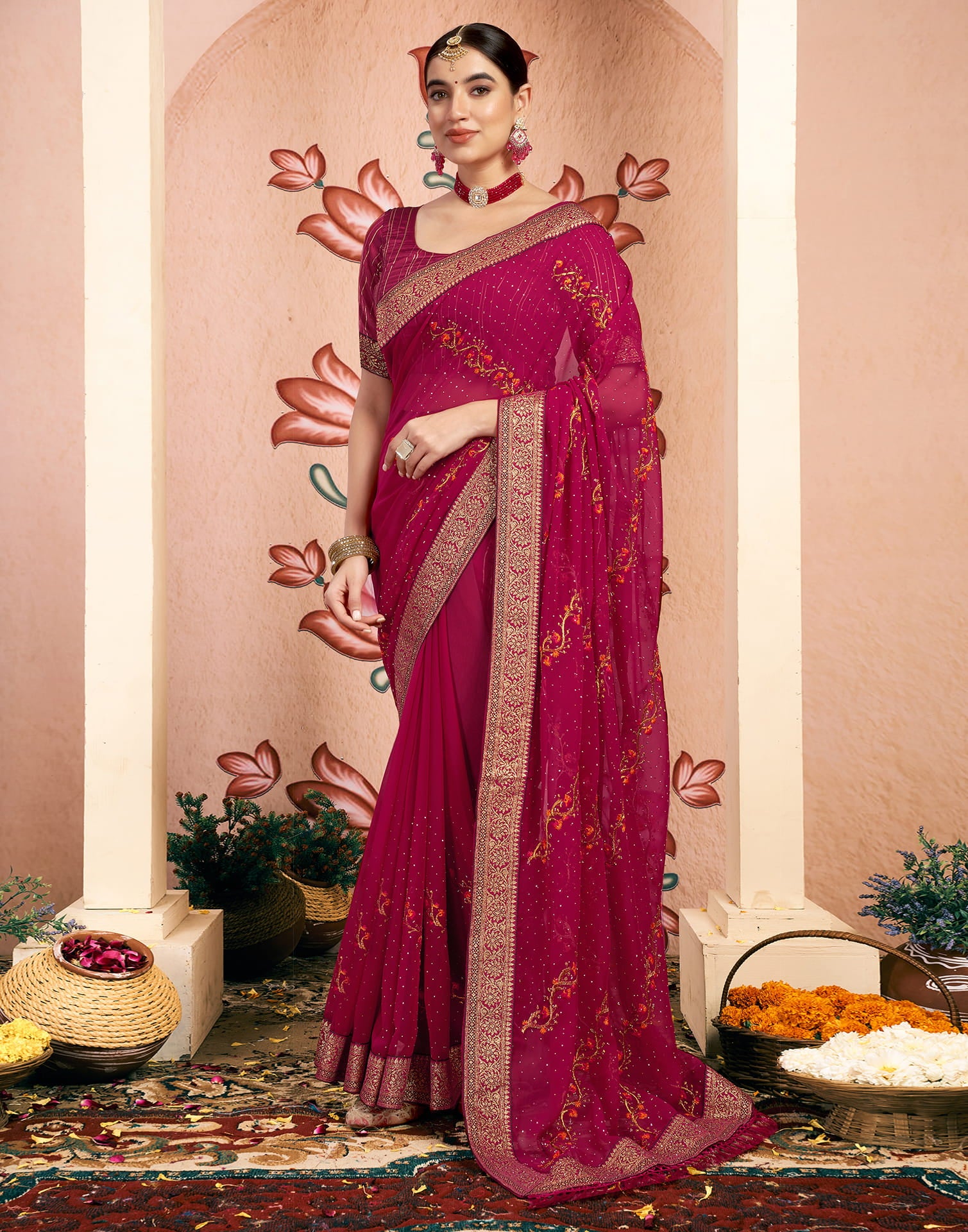 Pink Georgette Embroidery Embellished Saree