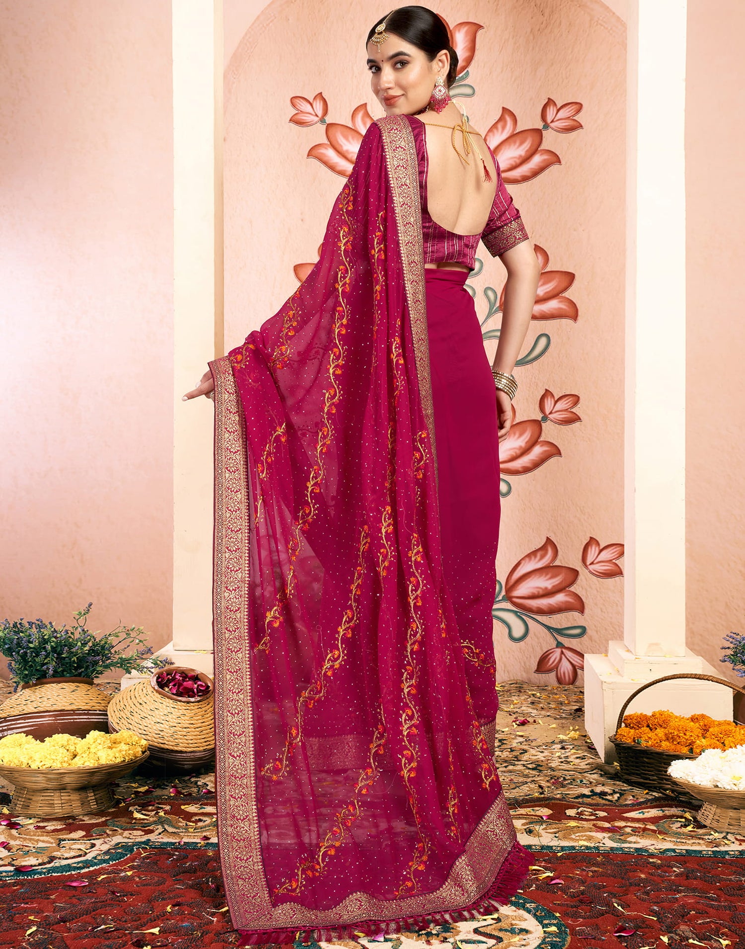 Rani Pink Georgette Embroidery Swarovski Saree