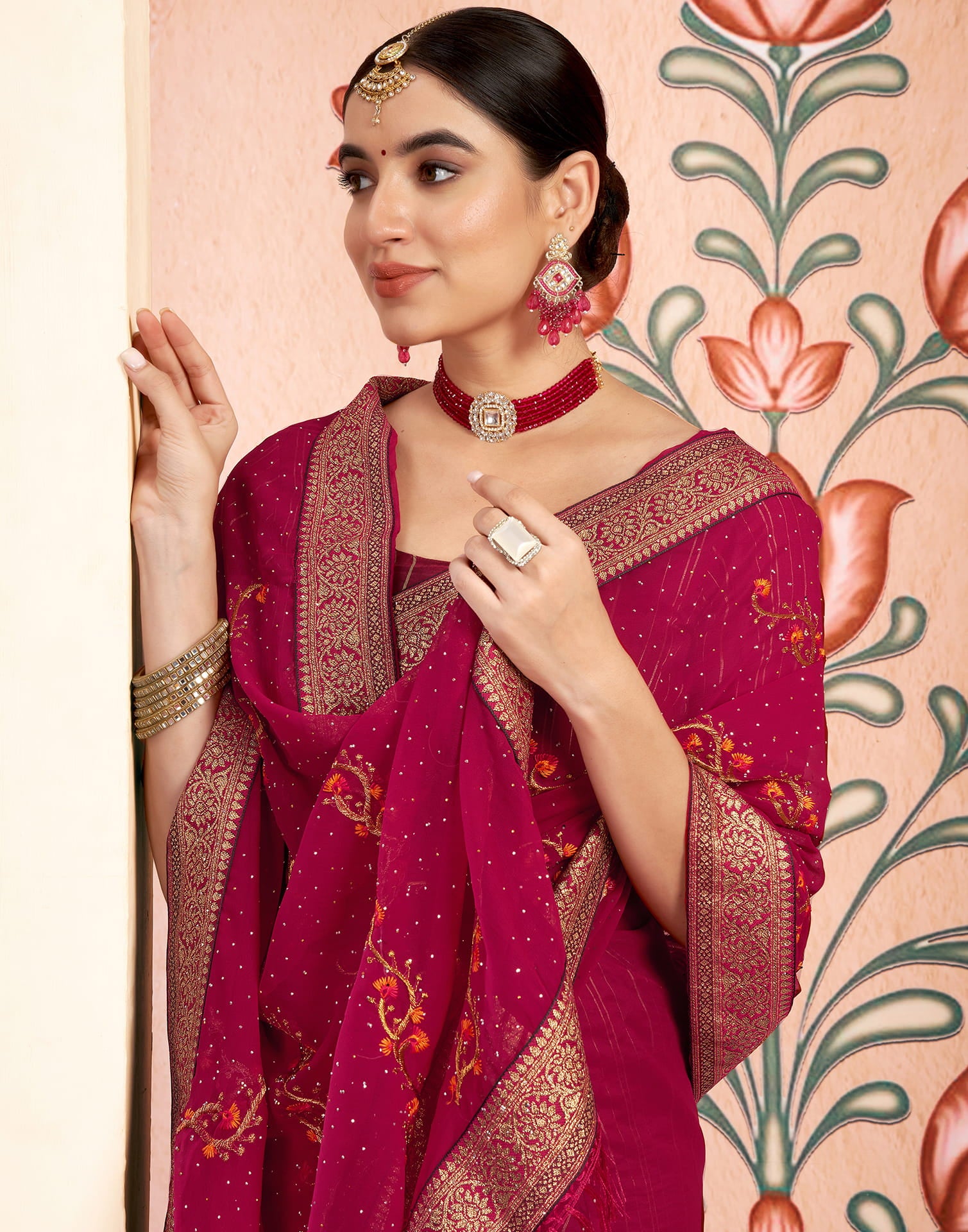 Pink Georgette Embroidery Embellished Saree