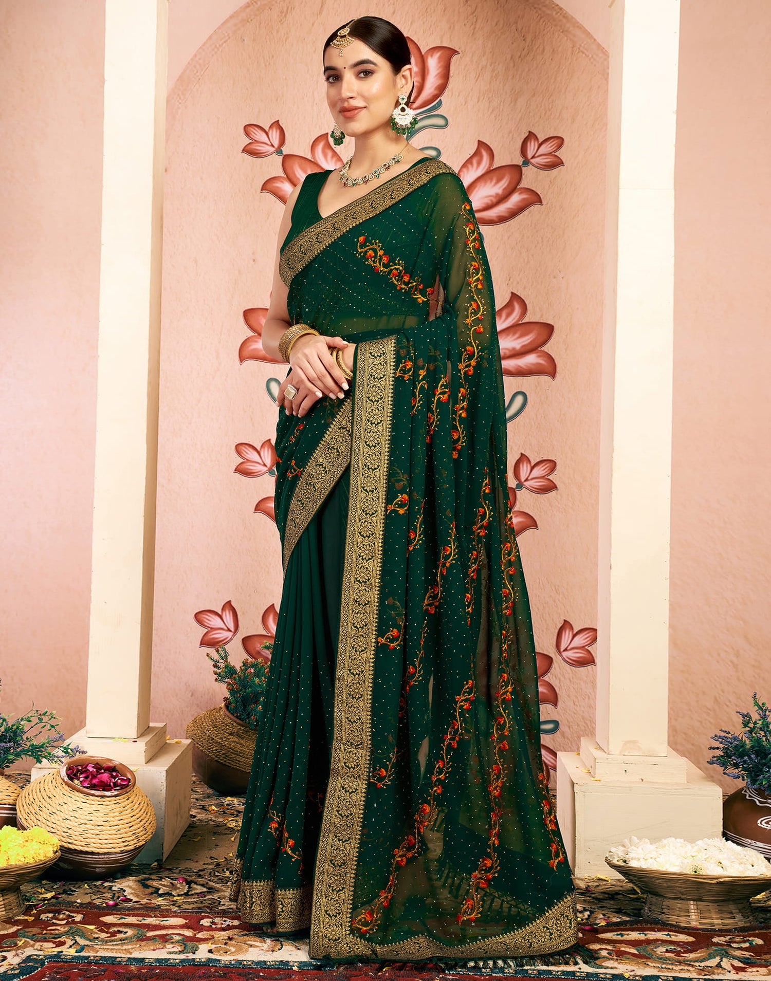 Dark Green Georgette Embroidery Swarovski Saree