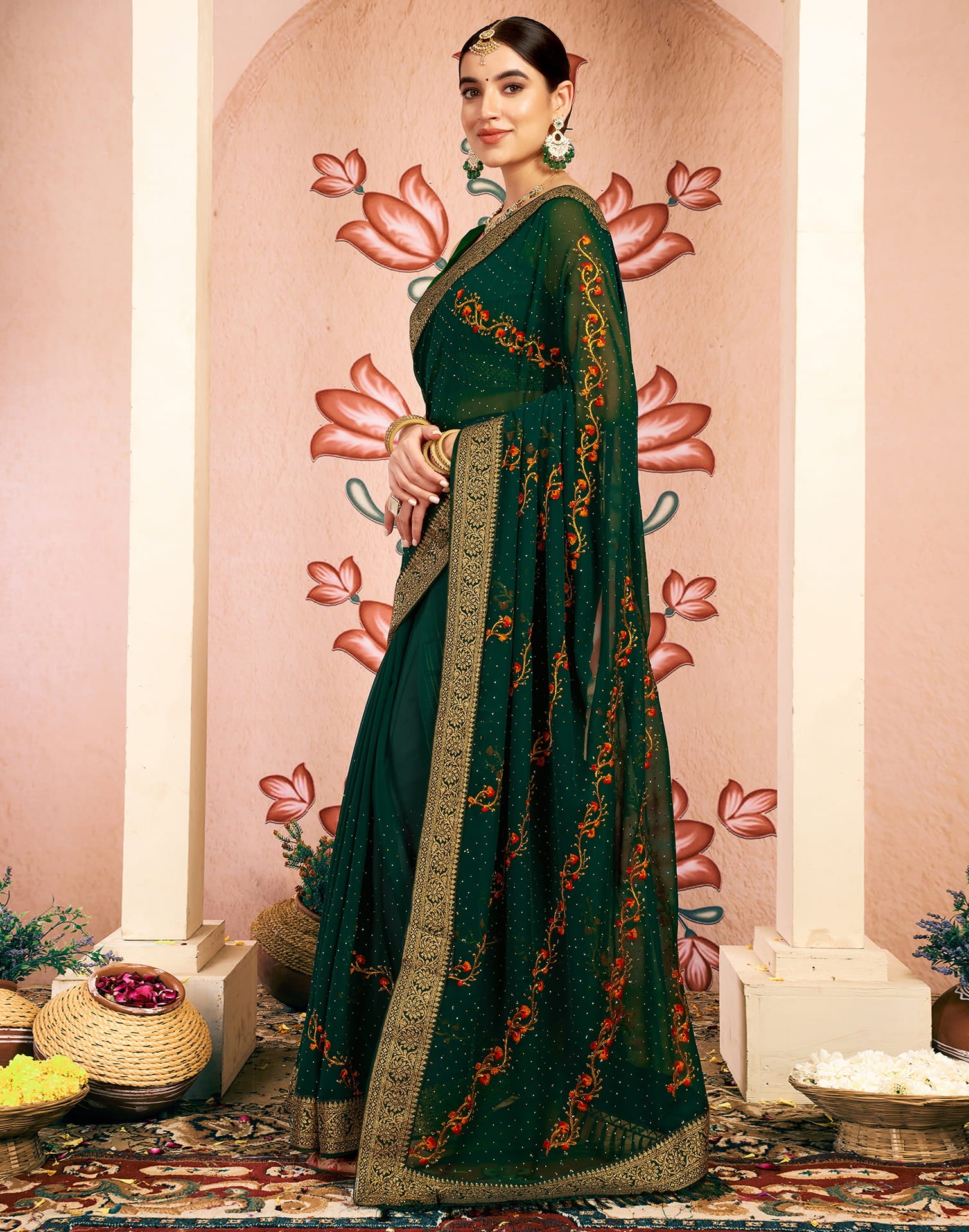 Dark Green Georgette Embroidery Swarovski Saree