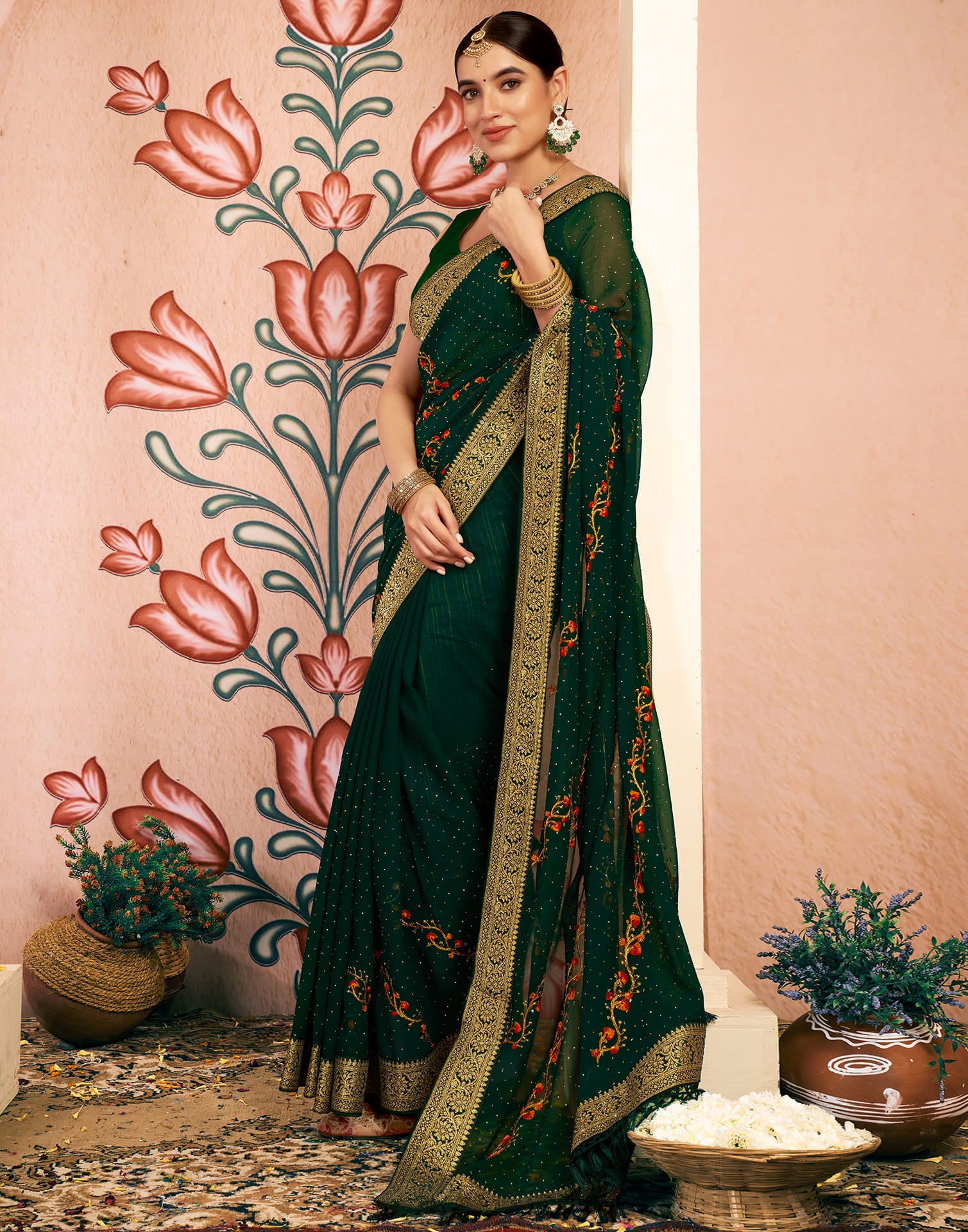 Dark Green Georgette Embroidery Swarovski Saree