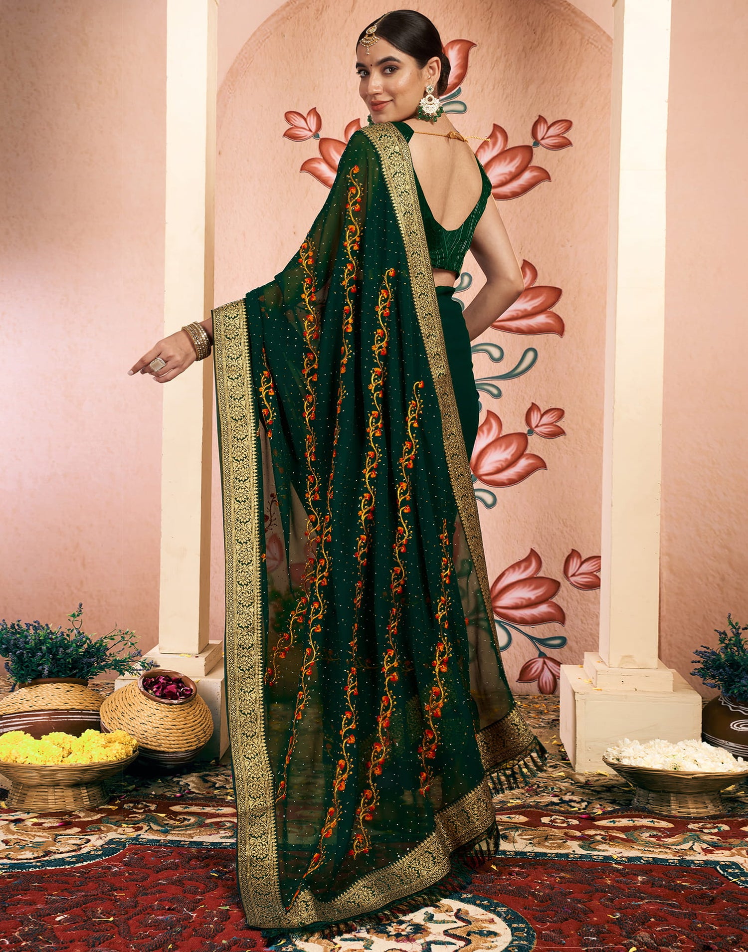 Dark Green Georgette Embroidery Swarovski Saree