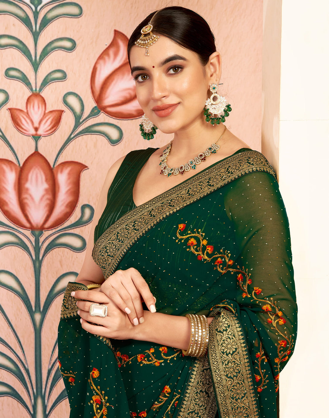 Green Georgette Embroidery Embellished Saree