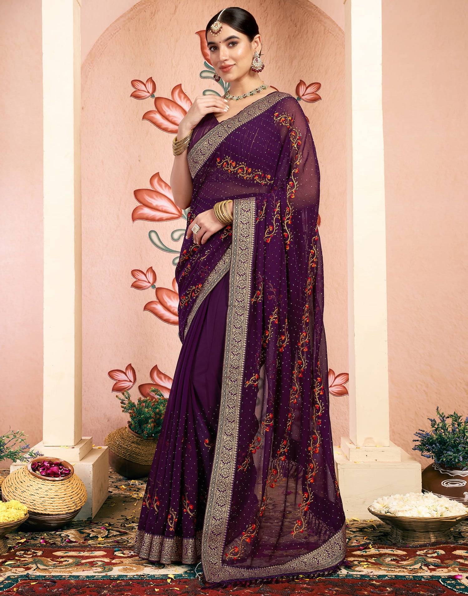 Dark Purple Georgette Embroidery Swarovski Saree