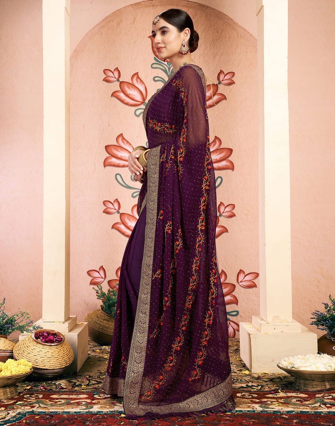 Wine Georgette Embroidery Embellished Saree