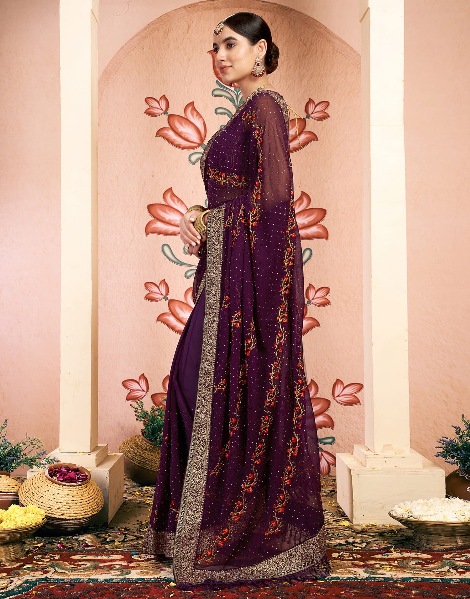 Dark Purple Georgette Embroidery Swarovski Saree