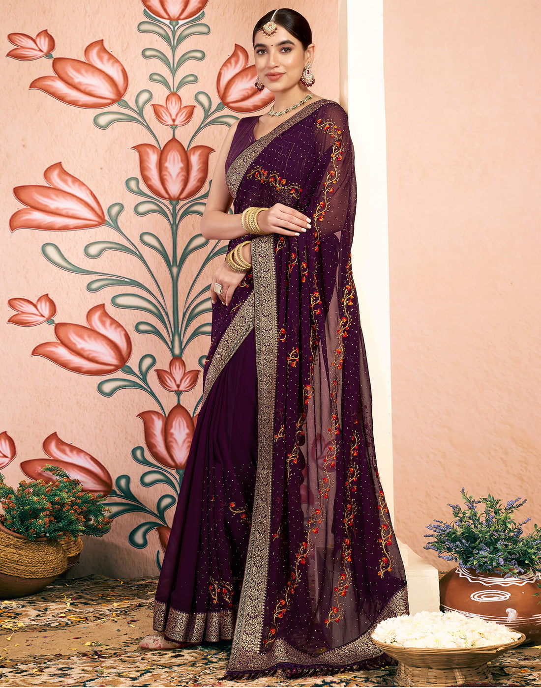 Wine Georgette Embroidery Embellished Saree