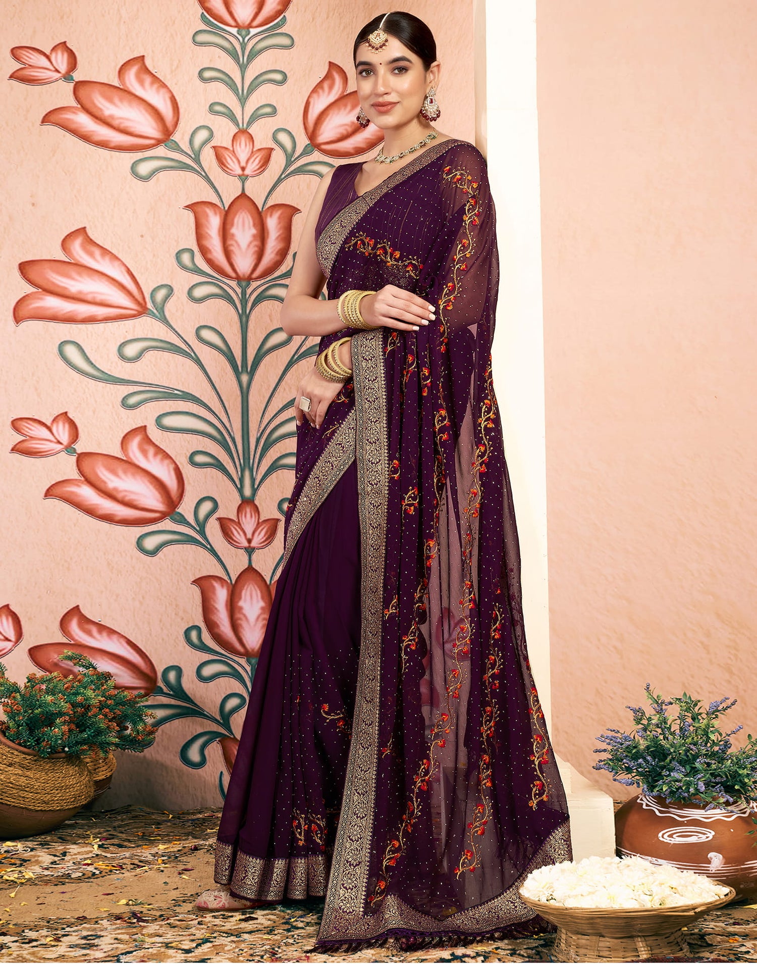 Dark Purple Georgette Embroidery Swarovski Saree